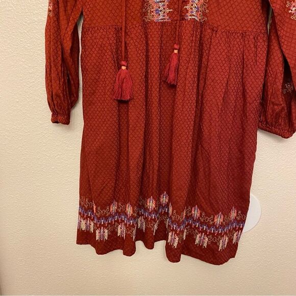 Knox rose red Balloon Long Sleeve Embroidered boho tassel oversized Dress -S - Picture 5 of 13